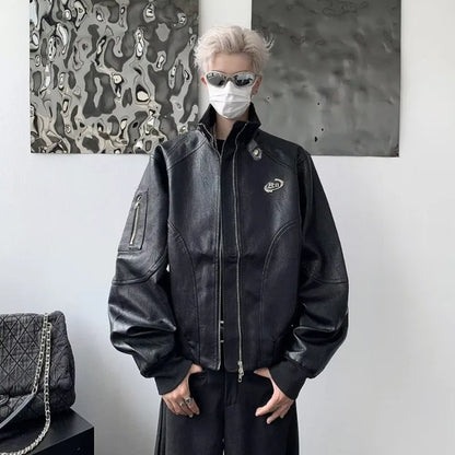 punk leather jacket mens spring standing collar trendy high street coats y2k streetwear hip hop motorcycle outwear 2024 new unique default style 2243