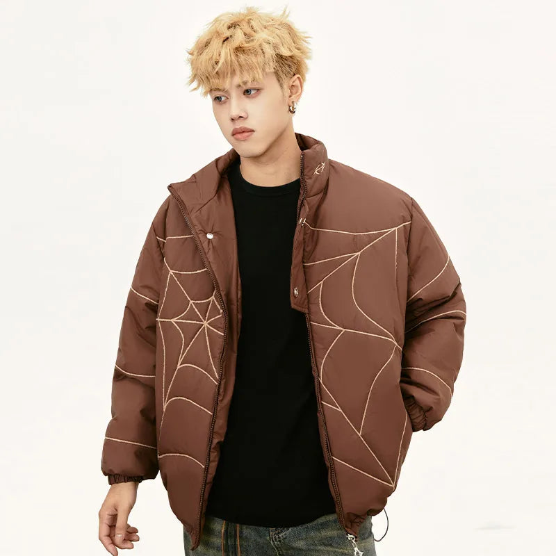 Men Winter Down Jackets Spider Web Embroidery Pattern Parkas Harajuku Hip Hop Padded Coat Motorcycle Bubble Warm Streetwear Street King Limited