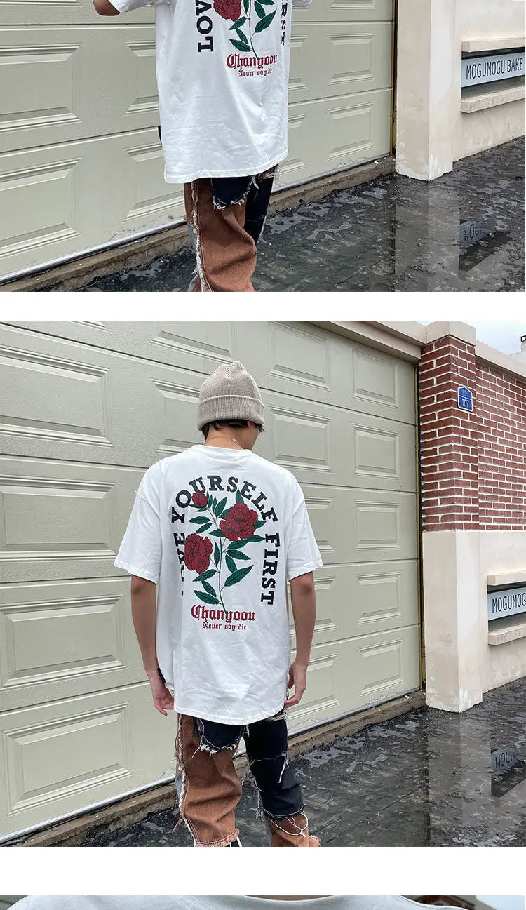 Retro back rose print washed distressed t-shirt national fashion brand pure cotton short-sleeved men's couple wear half-sleeved Street King Limited