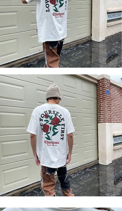 Retro back rose print washed distressed t-shirt national fashion brand pure cotton short-sleeved men's couple wear half-sleeved Street King Limited