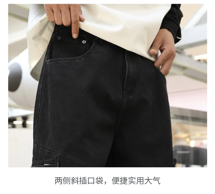 men american streetwear fashion loose casual hip hop wide leg black denim baggy jeans pants man y2k cargo jeans trousers unique cargo style 2224
