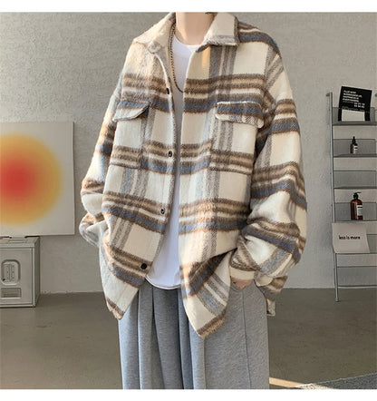 winter y2k vintage striped woolen jackets for men patchwork long sleeve plaid cardigan coats high street cargo shirt jacket unique cargo style 74