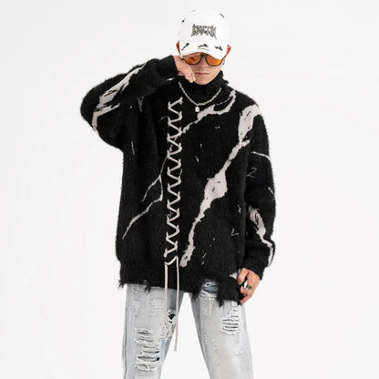 Front Lace Up Tie Dye Frayed High Neck Sweaters Men's High Street Retro Casual Oversized Unisex Woolen Clothes Knitted Sweater Street King Limited