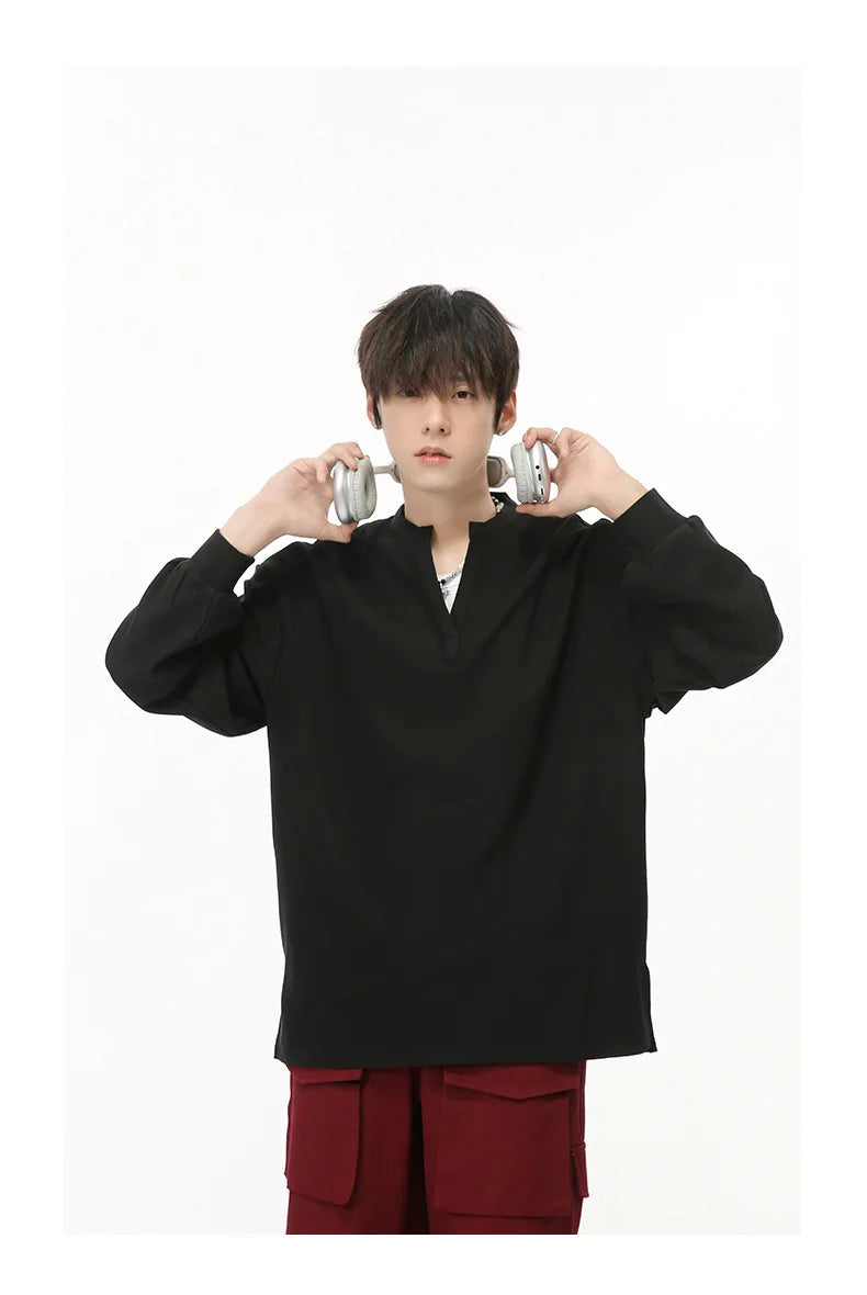 Men's  V-neck Long Sleeve T-Shirt Tops Clothing Autumn Korean Style Lazy Simple Solid Color Casual Pullover Bottoming Shirt Street King Limited