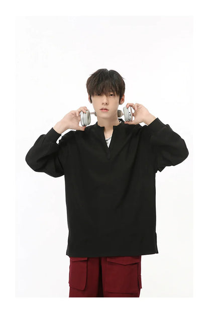 Men's  V-neck Long Sleeve T-Shirt Tops Clothing Autumn Korean Style Lazy Simple Solid Color Casual Pullover Bottoming Shirt Street King Limited