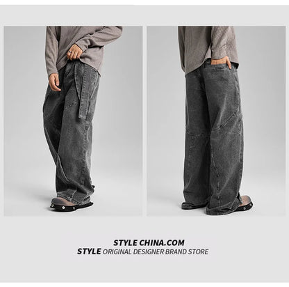 american high street vibe fashion splice jeans mens belt loose casual vintage wide leg straight denim baggy jeans pants trouser unique jeans style 1384