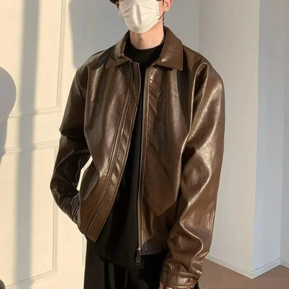 new retro short pu leather jacket mens brown japanese hip hop bomber coats motorcycle punk trend windbreaker y2k streetwear unique shorts style 3441