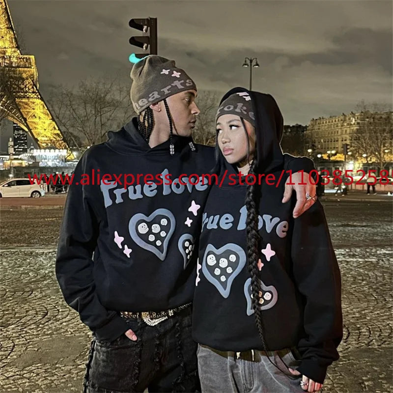 Autumn and Winter American Heavyweight Vintage Long Sleeved Fleece Hooded Sweatshirt Oversize 3D Letter Love Little Ghost Print Street King Limited