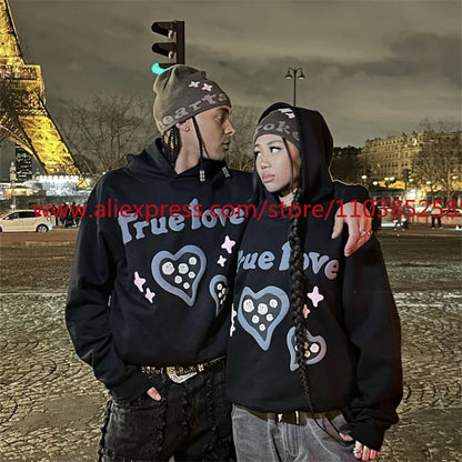 Autumn and Winter American Heavyweight Vintage Long Sleeved Fleece Hooded Sweatshirt Oversize 3D Letter Love Little Ghost Print Street King Limited