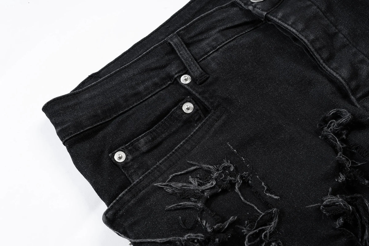 ro ribbons tassel high elasticity black jeans for men pantalones hombre straight baggy flare pnats oversized y2k denim trousers unique jeans style 3710