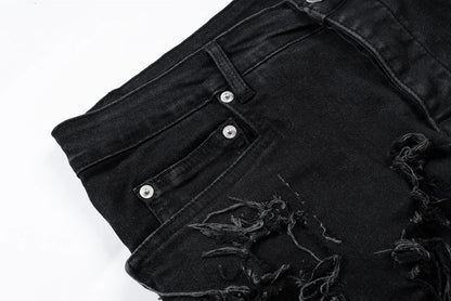 ro ribbons tassel high elasticity black jeans for men pantalones hombre straight baggy flare pnats oversized y2k denim trousers unique jeans style 3710