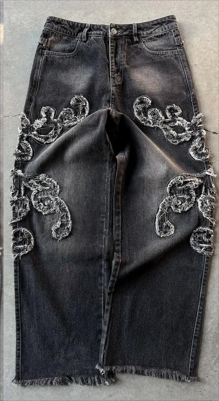 New American Fashion Line Embroidery Loose Versatile Jeans Men Street Hip-hop Retro Harajuku Y2K Straight Wide-leg Pants Women Street King Limited