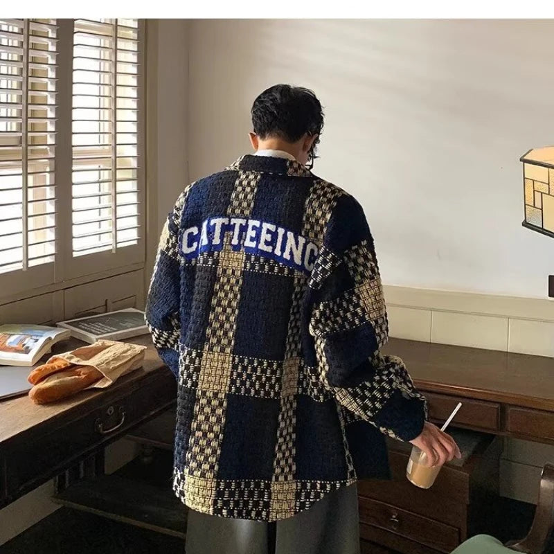 high street lattice mens jackets woven fabric single breasted loose harajuku shirt coats letter embroidered casual male tops unique default style 1807