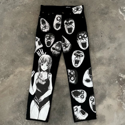 harajuku many ghost faces print y2k men s jeans popular anime baggy jeans wide leg pants streetwear trouser men clothing ripped baggy denim