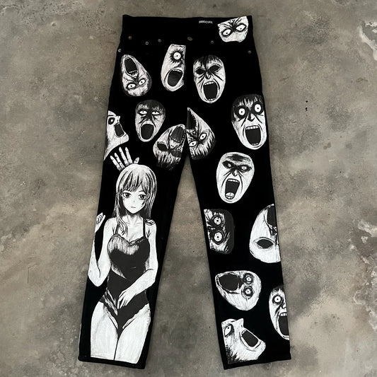 harajuku many ghost faces print y2k men s jeans popular anime baggy jeans wide leg pants streetwear trouser men clothing ripped baggy denim