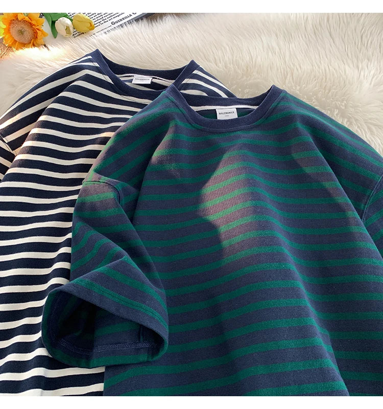 Japanese Striped Contrasting Color Short-Sleeved T-Shirt Men's Summer Pure Cotton 280g Heavy Loose Half-Sleeved T-Shirt Street King Limited
