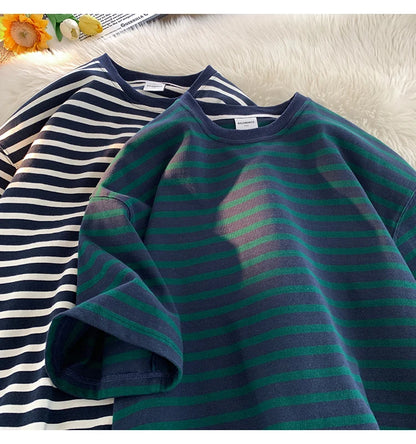 Japanese Striped Contrasting Color Short-Sleeved T-Shirt Men's Summer Pure Cotton 280g Heavy Loose Half-Sleeved T-Shirt Street King Limited