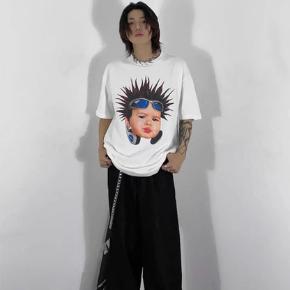 Korean pure cotton printed short-sleeved T-shirt for men and women creative angel hip-hop street Y2K loose half sleeved top Street King Limited