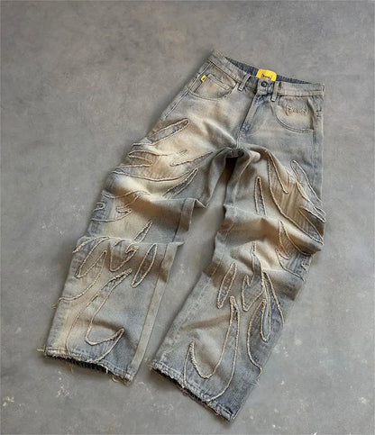 hip hop y2k retro black baggy jeans for men punk raw edge embroidery jeans vintage pattern patchwork high waisted denim pants unique jeans style 867