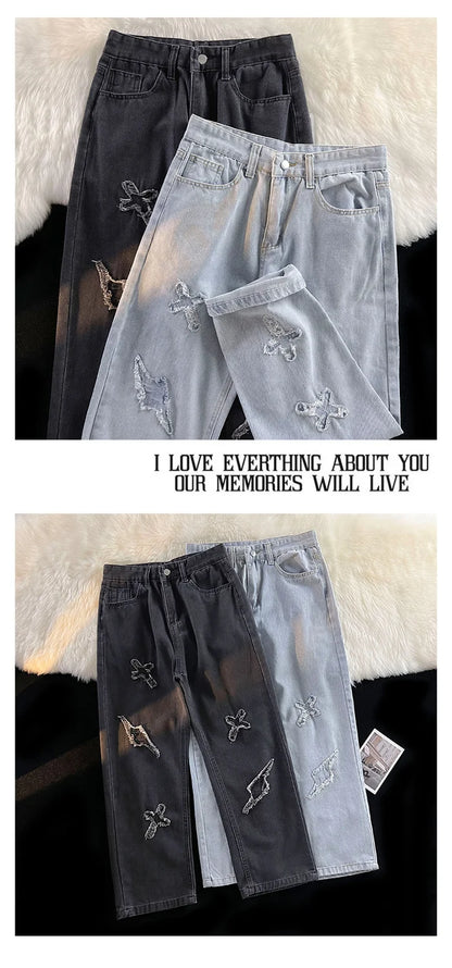 Korean Street Style Retro Pants Raw Edge Cross Jeans Design Y2K Personality Men and Women Niche Hip-hop Loose Sports Jeans Street King Limited