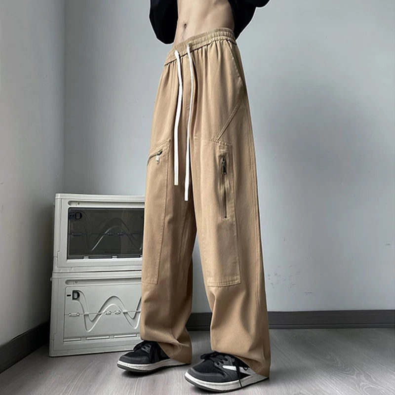 new korean fashion cargo straight pants for men autumn casual zipper pocket drawstring trousers classic tactical y2k pantalones 1 unique cargo style 233