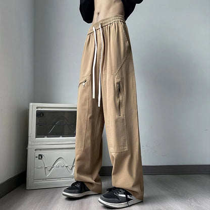 new korean fashion cargo straight pants for men autumn casual zipper pocket drawstring trousers classic tactical y2k pantalones 1 unique cargo style 233