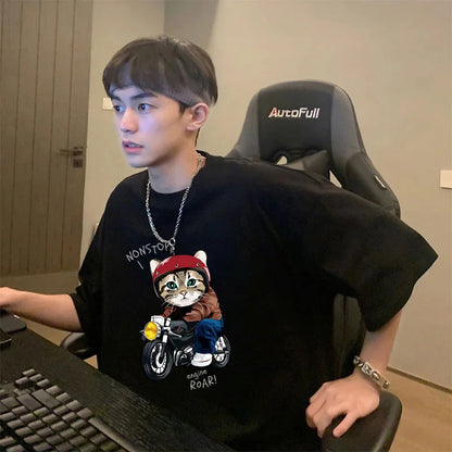 Summer new style handsome short-sleeved T-shirt for boys, national fashion Hong Kong style half-sleeved pure cotton loose tops Street King Limited