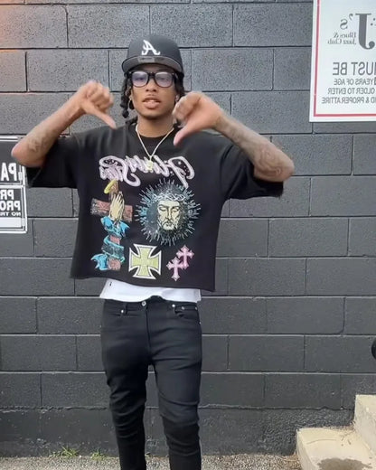 Trendy Brand Fashion Versatile Loose Half-sleeved Top Men Y2k Harajuku Hip-hop Rock Anime Cartoon Printed Short-sleeved T-shirt Street King Limited