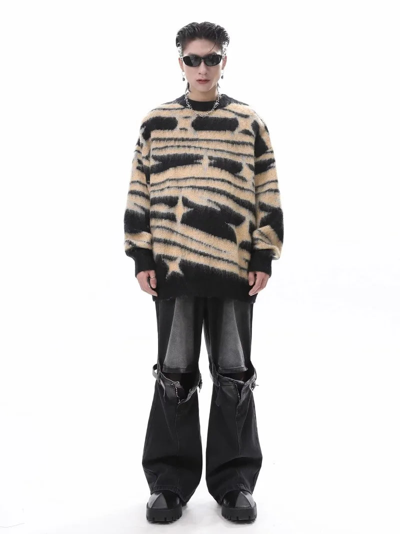 japanese hip hop sweater set men contrast zebra pattern round neck knit top splicing distressed loose jeans 2 pcs harajuku suit unique jeans style 3948