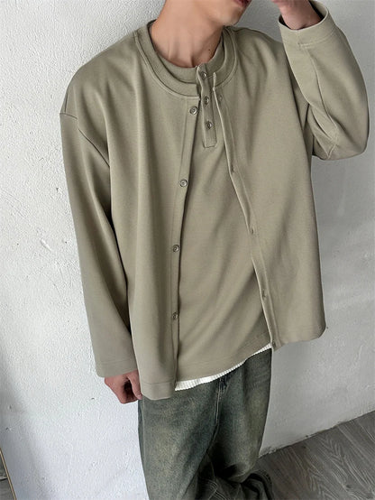 Streetwear New Casual Fake Two Piece Sweatshirts For Men Solid Color Henley Neck 2024 New Casual Fake Two Piece Sweatshirts For Men Solid Color Henley Neck Button Jackets Korean Fashion Loose Y2K Sudaderas Fashion Sweater Jacket With Graphic Design For Men