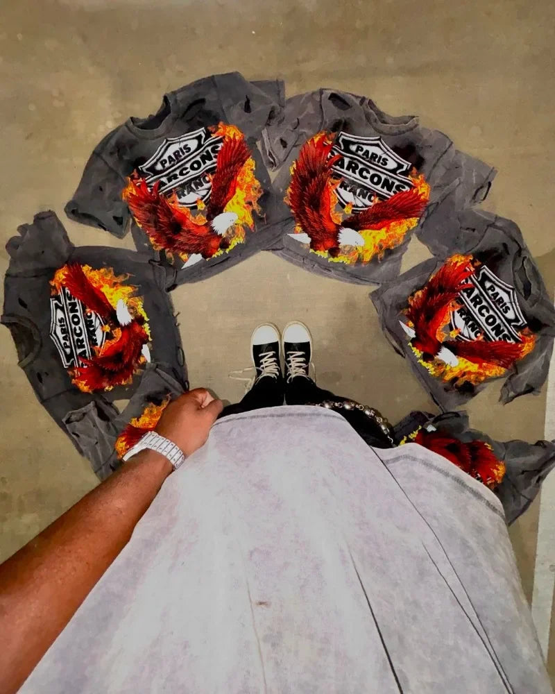 Y2k American High Street Fashion Brand Washed Short-sleeved Women Flame Eagle Print Oversized T-shirt Harajuku Hip-hop Tops Men Street King Limited