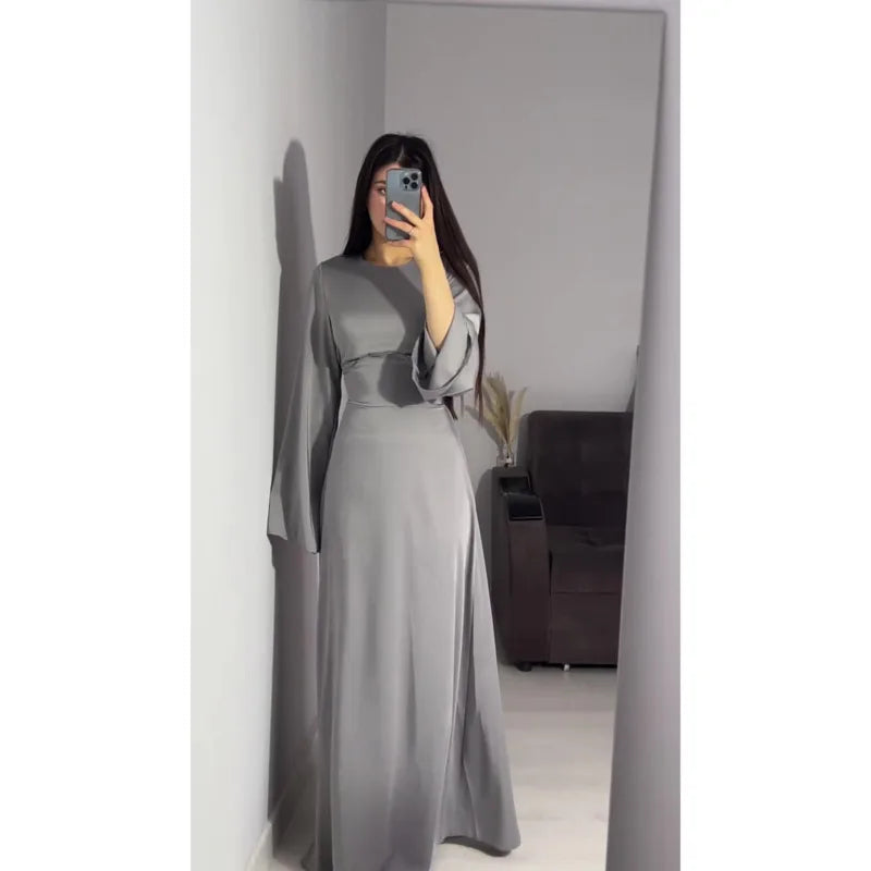 2024 Women Satin Long Dresses Sexy Lace Up Slim Evening Dresses Simple Round Neck Flare Sleeve Birthday Party Dresses For Women Street King Limited
