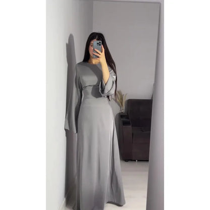 2024 Women Satin Long Dresses Sexy Lace Up Slim Evening Dresses Simple Round Neck Flare Sleeve Birthday Party Dresses For Women Street King Limited