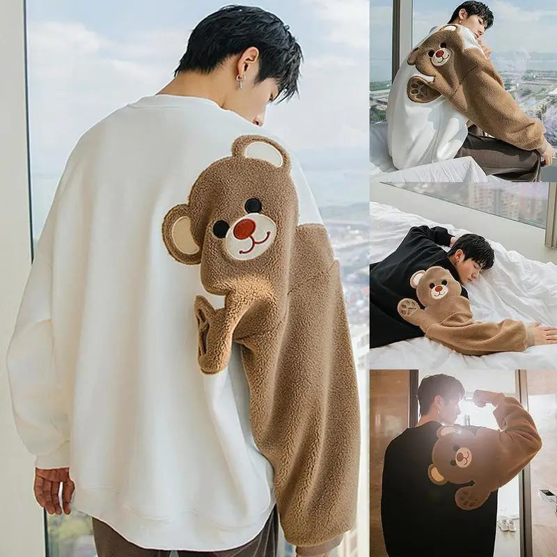 Long-sleeved Round Neck Sweater Lamb Hair Embroidery Flocking Sweater Loose Warm Winter Men's Bear Street King Limited