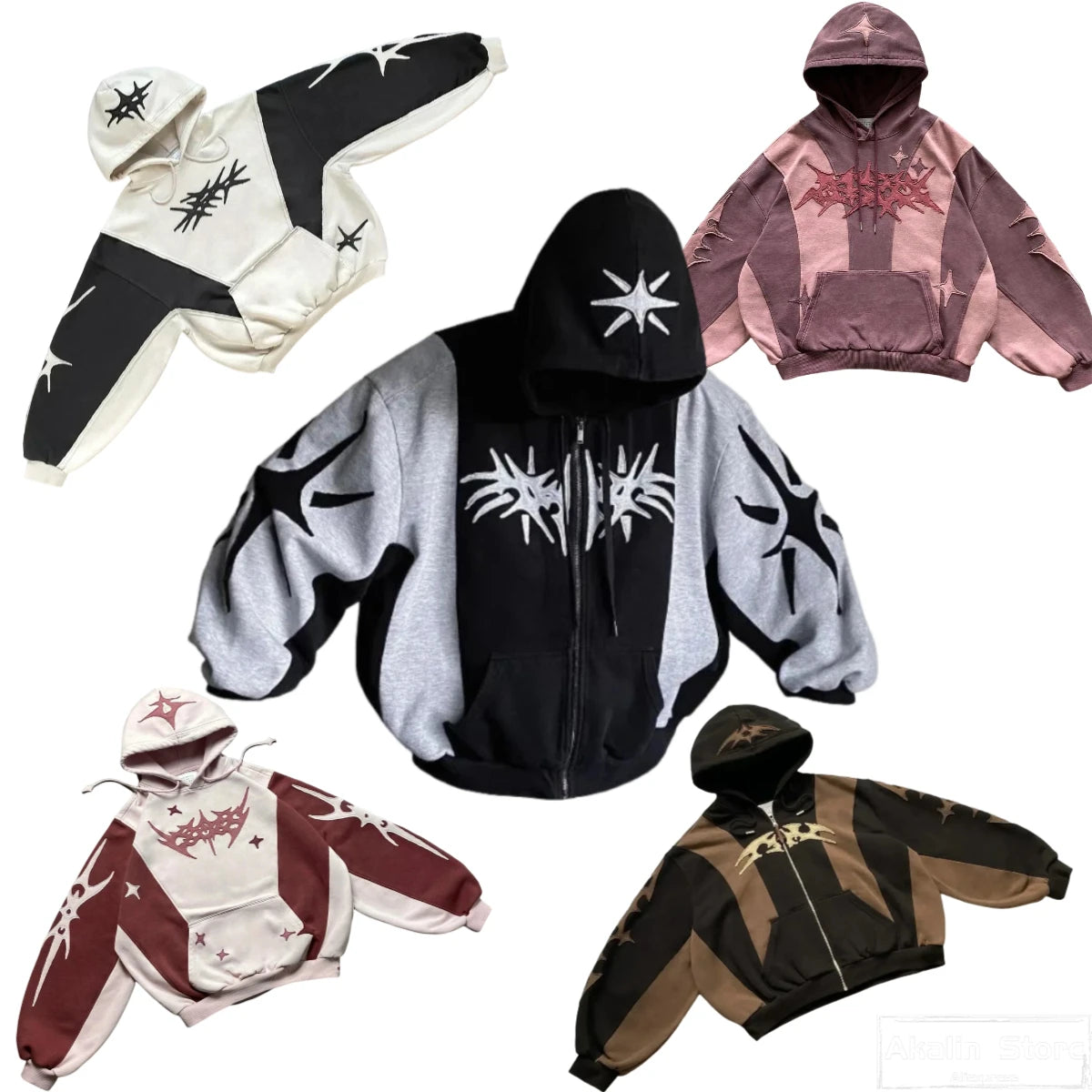 Y2k Patch Design Loose Zip Hoodies for men Geometric Pattern Splicing Sweatshirt Gothic Streetwear Oversized Casual Men Clothing Street King Limited