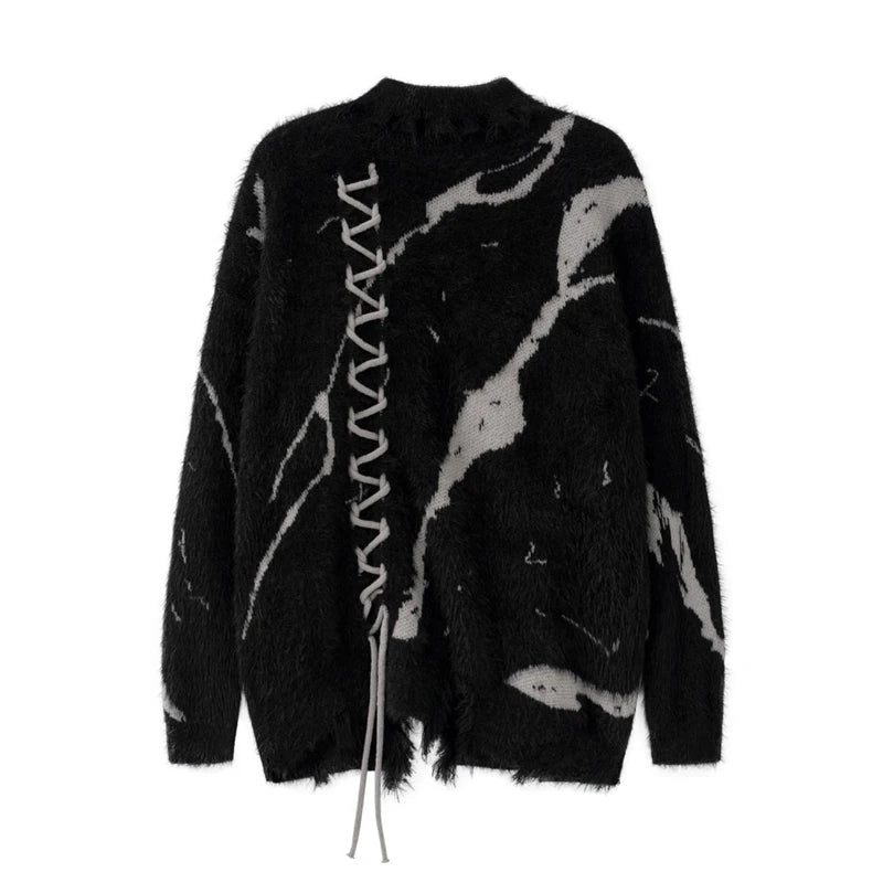 Front Lace Up Tie Dye Frayed High Neck Sweaters Men's High Street Retro Casual Oversized Unisex Woolen Clothes Knitted Sweater Street King Limited