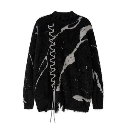 Front Lace Up Tie Dye Frayed High Neck Sweaters Men's High Street Retro Casual Oversized Unisex Woolen Clothes Knitted Sweater Street King Limited