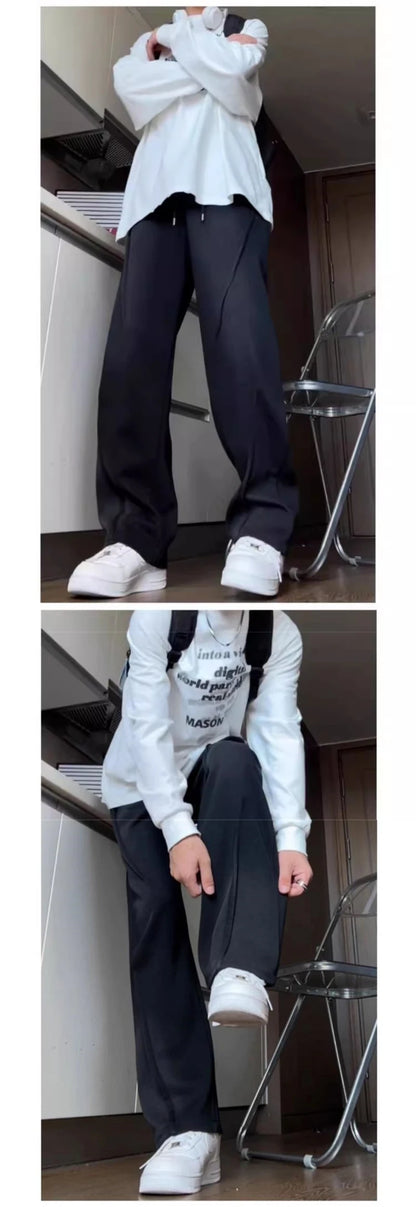 autumn mens high street pleated straight pants korean fashion elastic waist pockets trousers y2k vintage pantalones hombre unique default style 726