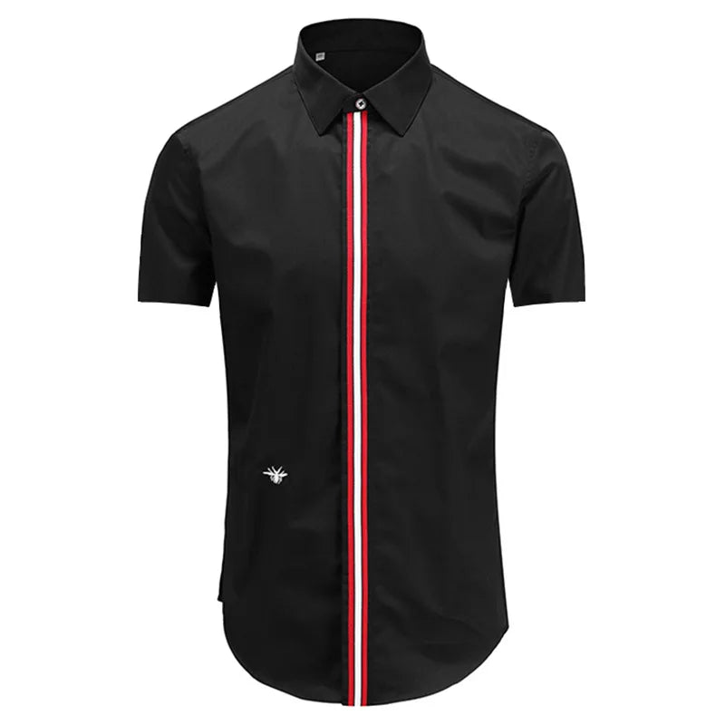 New 2021 Luxury Men Classic Embroidered bee stripe Ribbon Fashion Cotton Casual Shirts Shirt High Quality Short Sleeves A65 Street King Limited