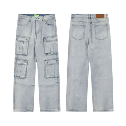 2024 multi pocket jeans vintage mens harajuku cargo denim pants retro hip hop straight loose jean pants military streetwear pants