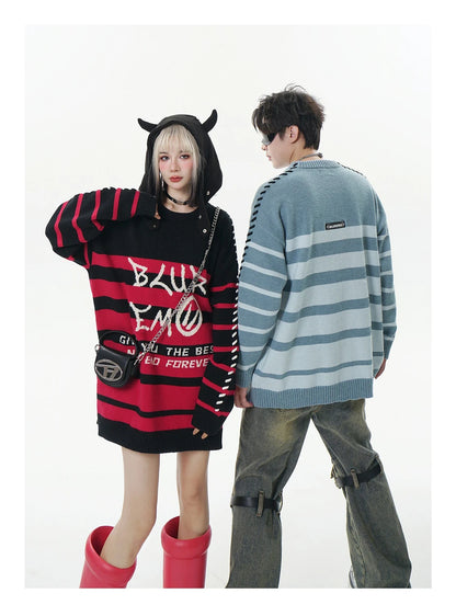 Men Striped Sweater Letter Graphic Loose Knitwear Jumper Pullover Sweaters Harajuku Hip Hop Streetwear Knitted Sweater Street King Limited