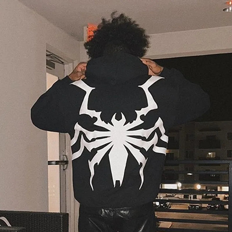 Y2K Hoodie Hip Hop Retro Full body spider print Oversized Sweatshirt Men Women Gothic Pullover 2000s punk black Hoodie Clothes Street King Limited