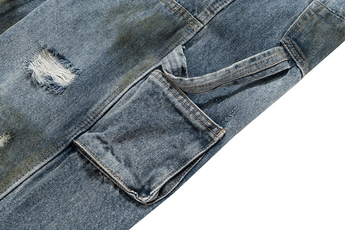 Streetwear Handmade Mud Dyed Dirty Blue Baggy Jeans for Men Distressed Hole Casual Patchwork Denim Trousers Oversized Street King Limited