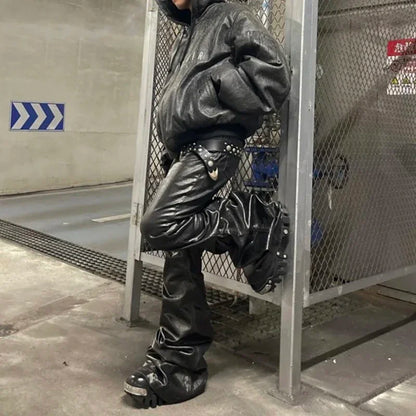 High Street Wide Leg Glossy Pu Leather Pants Sashes Boot Cut Men and Wome Straight Baggy Casual Jeans Oversized Flared Trousers Street King Limited