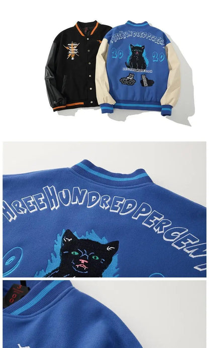 baseball jacket men women patchwork high street retro flocking letter cat coat spring autumn casual loose varsity jackets unisex unique default style 3811