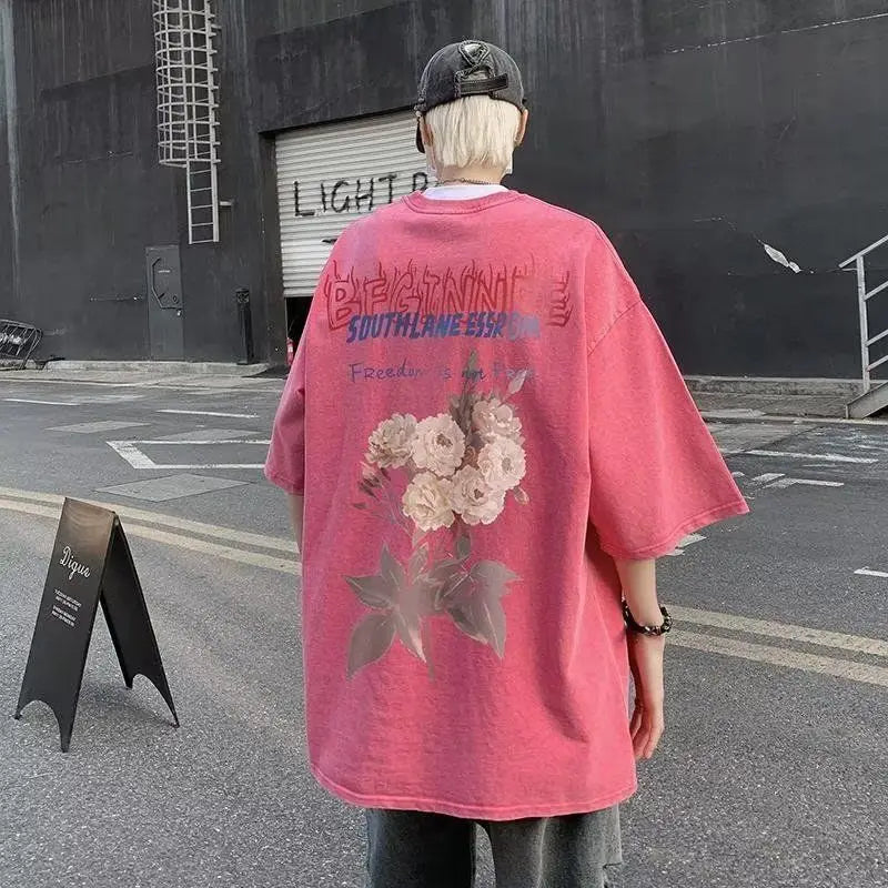 Short-sleeved T-shirt men's summer new style washed and distressed American retro handsome thin loose heavy cotton T-shirt tops Street King Limited