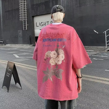 Short-sleeved T-shirt men's summer new style washed and distressed American retro handsome thin loose heavy cotton T-shirt tops Street King Limited