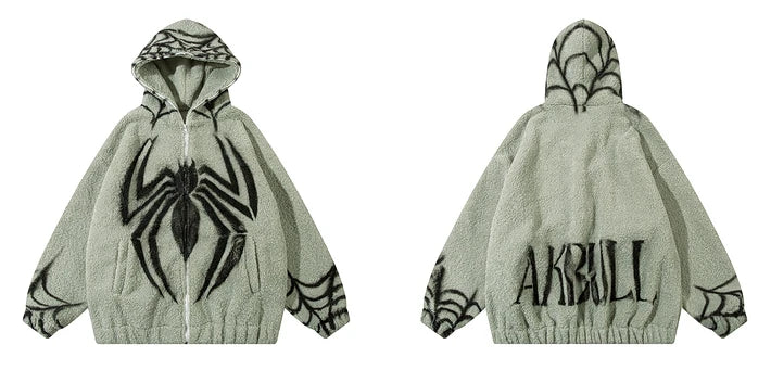 mens harajuku spider graffiti fleece jackets and coats hairy zipper hooded outerwear warm streetwear parkas loose bomber jacket unique default style 4064