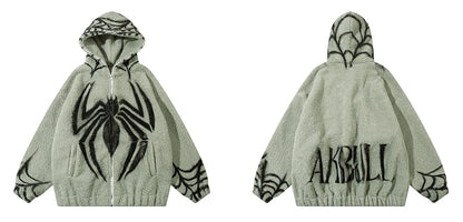mens harajuku spider graffiti fleece jackets and coats hairy zipper hooded outerwear warm streetwear parkas loose bomber jacket unique default style 4064