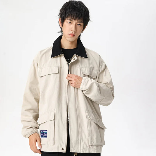 spring autumn american vintage splice jacket men outdoor fashion loose casual japanese streetwear cargo jacket plus size coat multi-pocket cargos